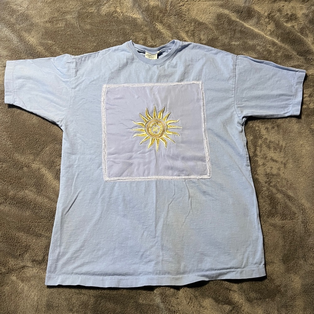 Johnny Was vintage 100% cotton light blue embroidered sun T-shirt made in USA